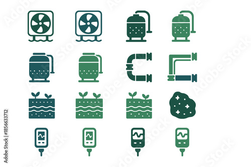 Collection of green icons showing water filtration equipment, pipes, and water treatment tools arranged in a grid layout