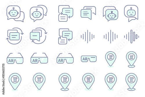 Icons representing communication, technology, and location for digital interaction and augmented reality applications