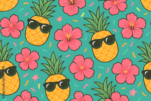 Pineapples and flowers create a colorful pattern on a bright background during a summer celebration in a tropical setting