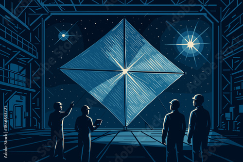 Engineers work on spacecraft design inside a large hangar at night with stars visible in the sky outside