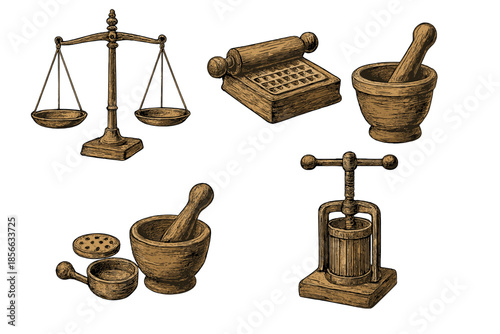 Set of wooden tools for measurement and grinding displayed on a white background, including scales, mortar and pestle, and press
