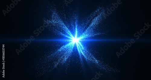 Blue particle starburst with radiant light core and energy rays, abstract cosmic explosion, futuristic space background, seamless motion loop.