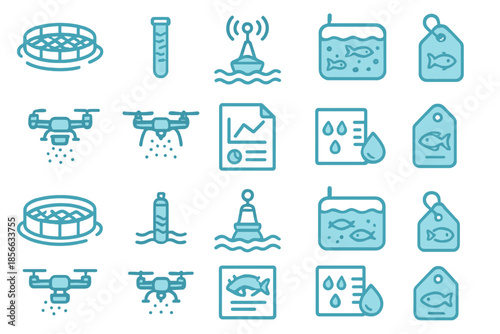 Trends in aquaculture technology with images of drones, water tanks, and other related tools for fish farming