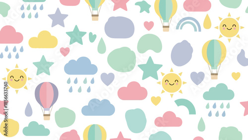 Whimsical Illustration of Smiling Clouds and Hot Air Balloons Floating in a White Sky