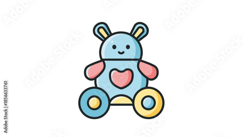 A cartoon rabbit toy with wheels, heart, and pink arms riding on a flat surface from a front viewpoint
