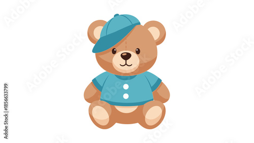 A cartoon teddy bear wearing a blue cap and shirt is sitting upright against a white background