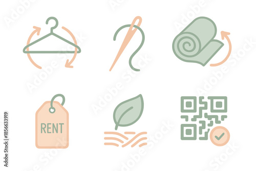 Display of symbols related to clothing rental and fabric recycling in a simple design format suitable for various uses