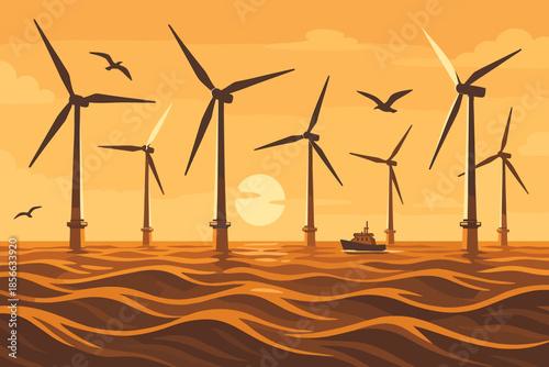 Wind turbines generate energy in the ocean at sunset with birds flying over and a boat in the water