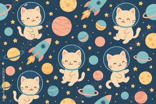 Cute cats in space theme with rockets and planets on dark blue background