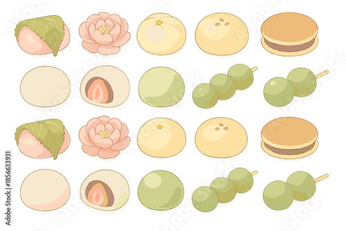 Some types of traditional Japanese sweets and snacks arranged in a neat pattern on a white background