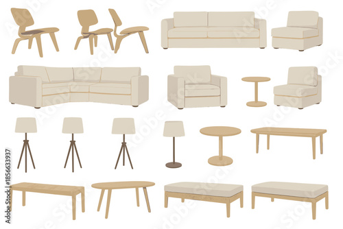 Modern furniture collection featuring chairs, sofas, tables, and lamps for living spaces and home design