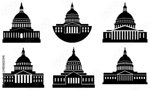 United States Capitol Building Silhouette Collection with Transparent Background black and white