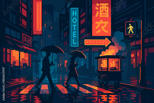 City street with people crossing under umbrellas near a food cart at night in a busy area