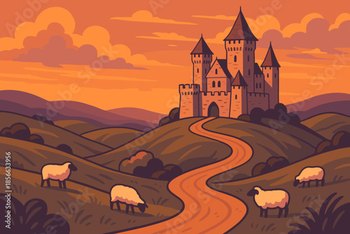 Castle on a hill with a winding road and sheep in the foreground during sunset