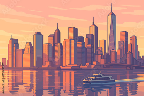 City skyline with boat in water at sunset near a famous bridge in the background