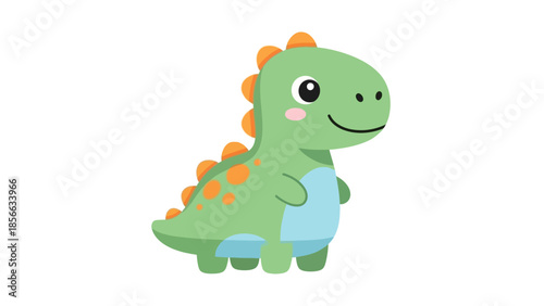 A cartoon green dinosaur with orange spikes standing alone on a white background viewed from the side