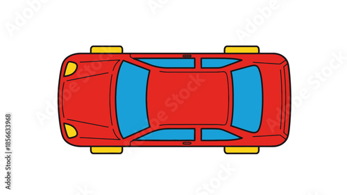 Overhead view of a red car with blue windows and yellow wheels on a white background