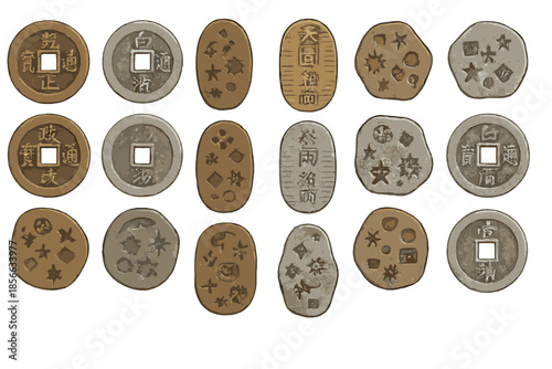 Different types of old coins displayed in a neat arrangement showing various symbols and inscriptions