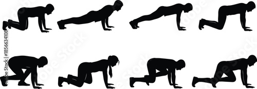 Black silhouettes of people doing pushups and crawling exercises, fitness workout vector set, isolated athletic figures for gym and training,