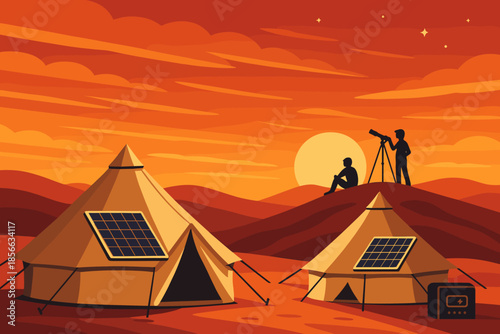 People observe the sunset by tents in the desert with the use of a telescope and solar panels for energy