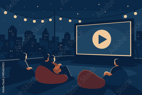 Watching a movie outdoors at night with friends in a city under string lights