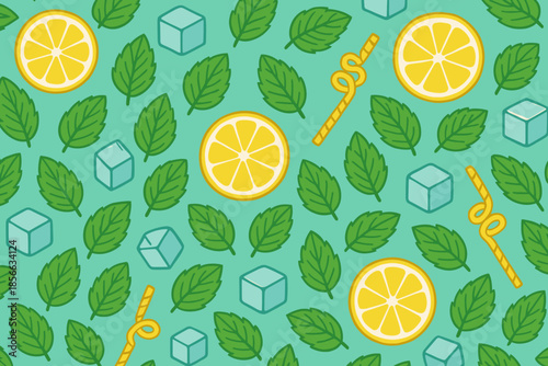 Pattern of lemon slices, mint leaves, and ice cubes on a light green background for a refreshing summer vibe