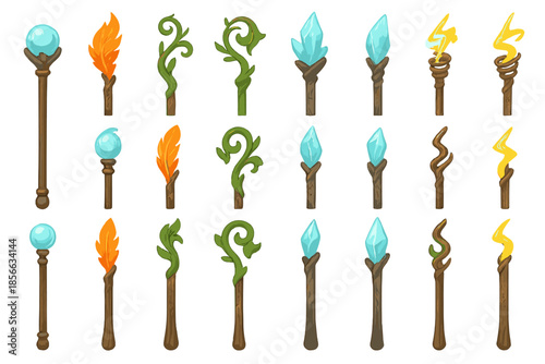 Various designs of magical wands and staffs in different styles and colors for fantasy settings