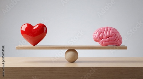 A heart and brain balanced on a scale symbolizing harmony between emotions and intellect in a serene environment