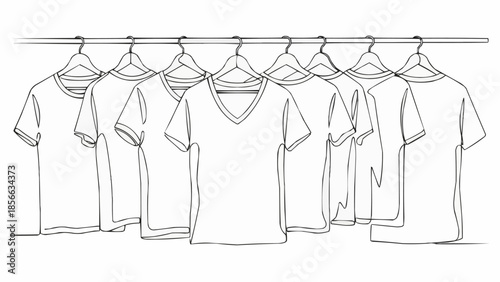 Multiple T-shirts hanging on a clothing rack in a line drawing.