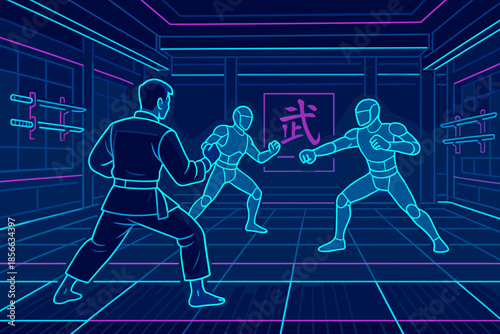 Martial artists train in a neon-lit dojo with outlines of fighters preparing for a match during a late evening session
