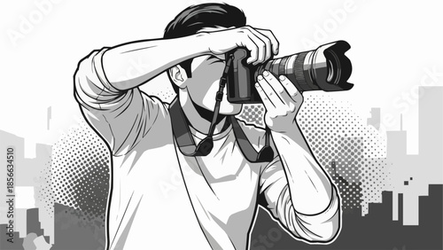 Man holding a professional camera taking a photo.