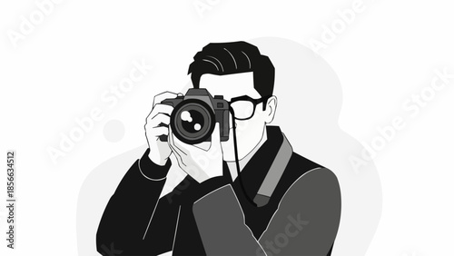 Man holding a professional camera taking a picture.