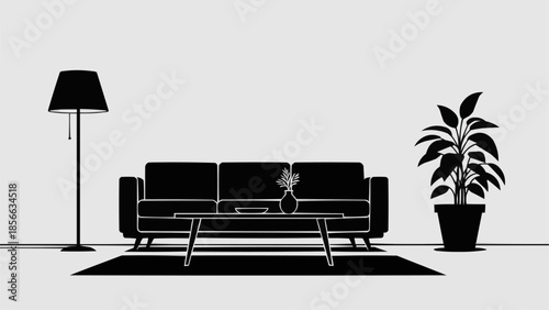 Modern living room interior with sofa and lamp.
