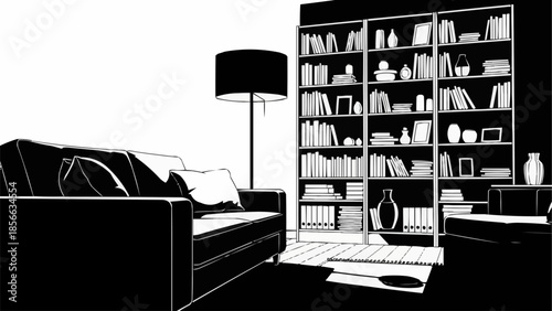 Modern living room with large bookshelf and comfortable sofa.