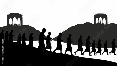 Monks walking in a procession towards ancient structures.