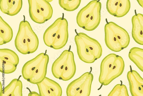 Fresh green pears on light background with a pattern showing sliced fruit and whole fruit arranged neatly