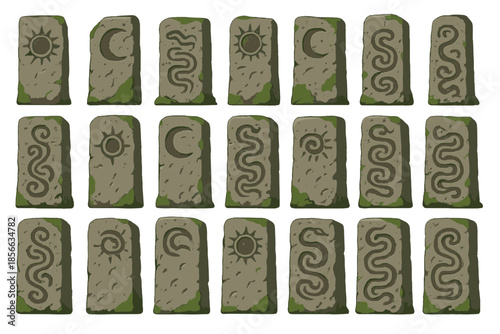 Ancient stone tablets with symbols arranged in rows, found in an archaeological site during the day