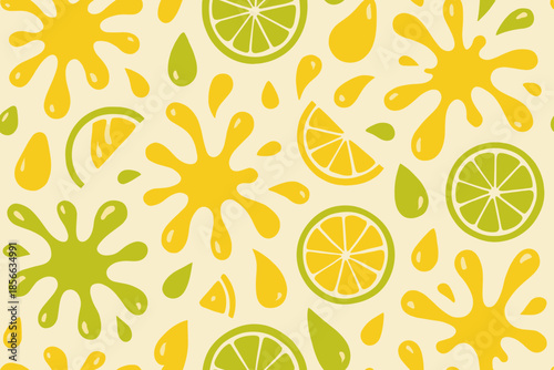 Colorful lemon and lime patterns with splashes on a light background
