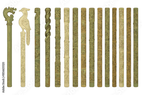 Carved sticks lined in a row with different designs of animals and patterns displayed in a clear arrangement