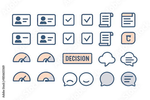 Icons representing decision-making processes and various elements of verification and feedback