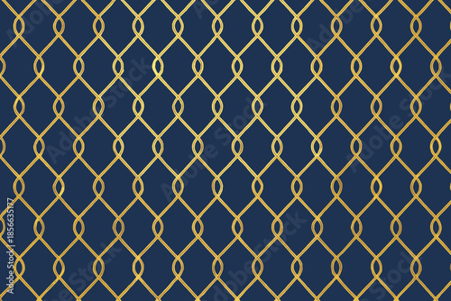 Geometric pattern design with lines and shapes in gold on a blue background suitable for various uses in textiles or wallpapers