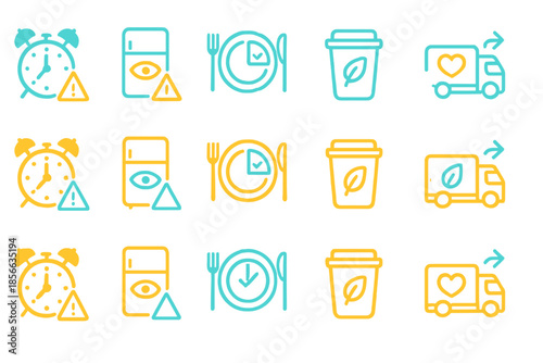 Icons showing activities related to time management and food delivery in a simple design format with different colors