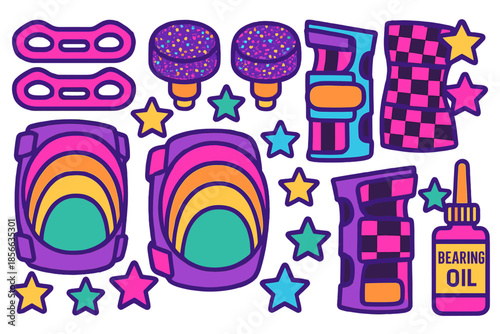 Colorful skateboarding accessories and supplies are arranged on a white background for a fun and engaging design theme