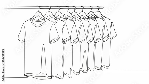 Row of blank white t-shirts hanging on a clothing rack.