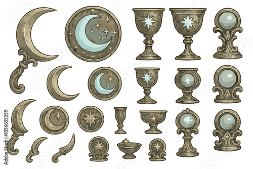 Various decorative elements featuring moons, stars, and cups arranged in a pattern on a light background during daylight