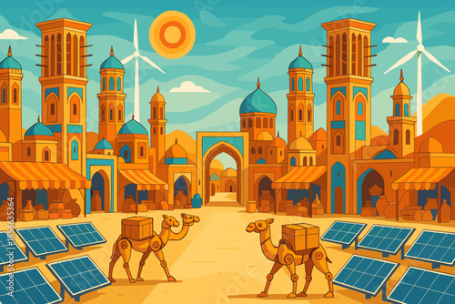 Market scene with camels and solar panels in a desert location during daytime with buildings and wind turbines