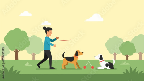 Person playing fetch with two dogs in a park.