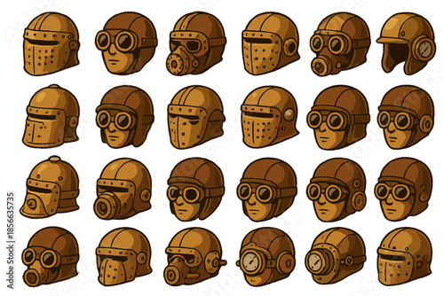Collection of helmets and masks with goggles for a steampunk theme used in games or art projects