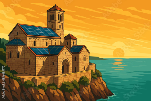 Scenic coastal view of a church with solar panels at sunset near the ocean