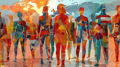 Unity in diversity: people stand together, forming a global community, representing various cultures and ethnicities